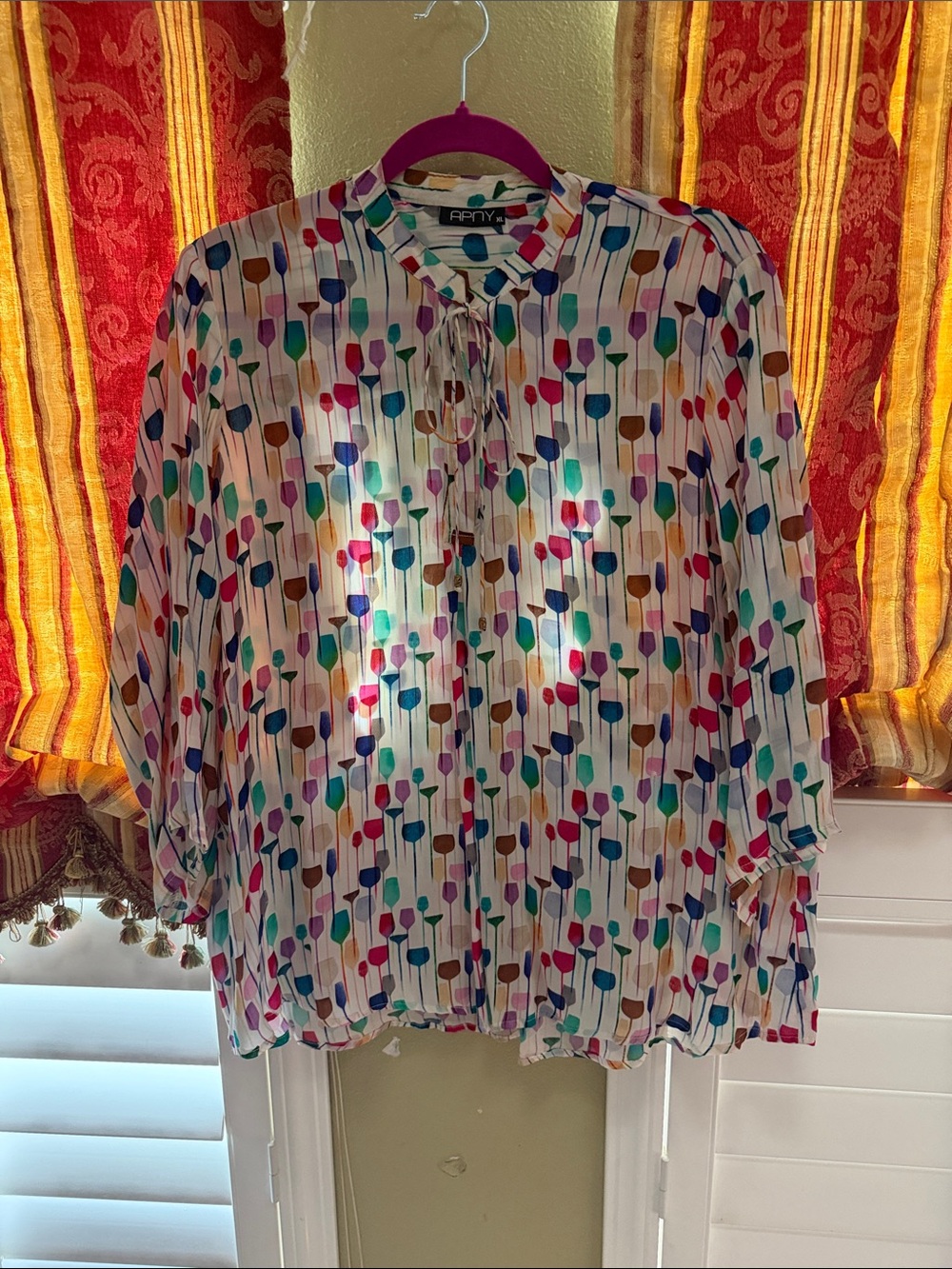 Apny Multicolor Cocktail -Print Tie Neck Blouse - White Base